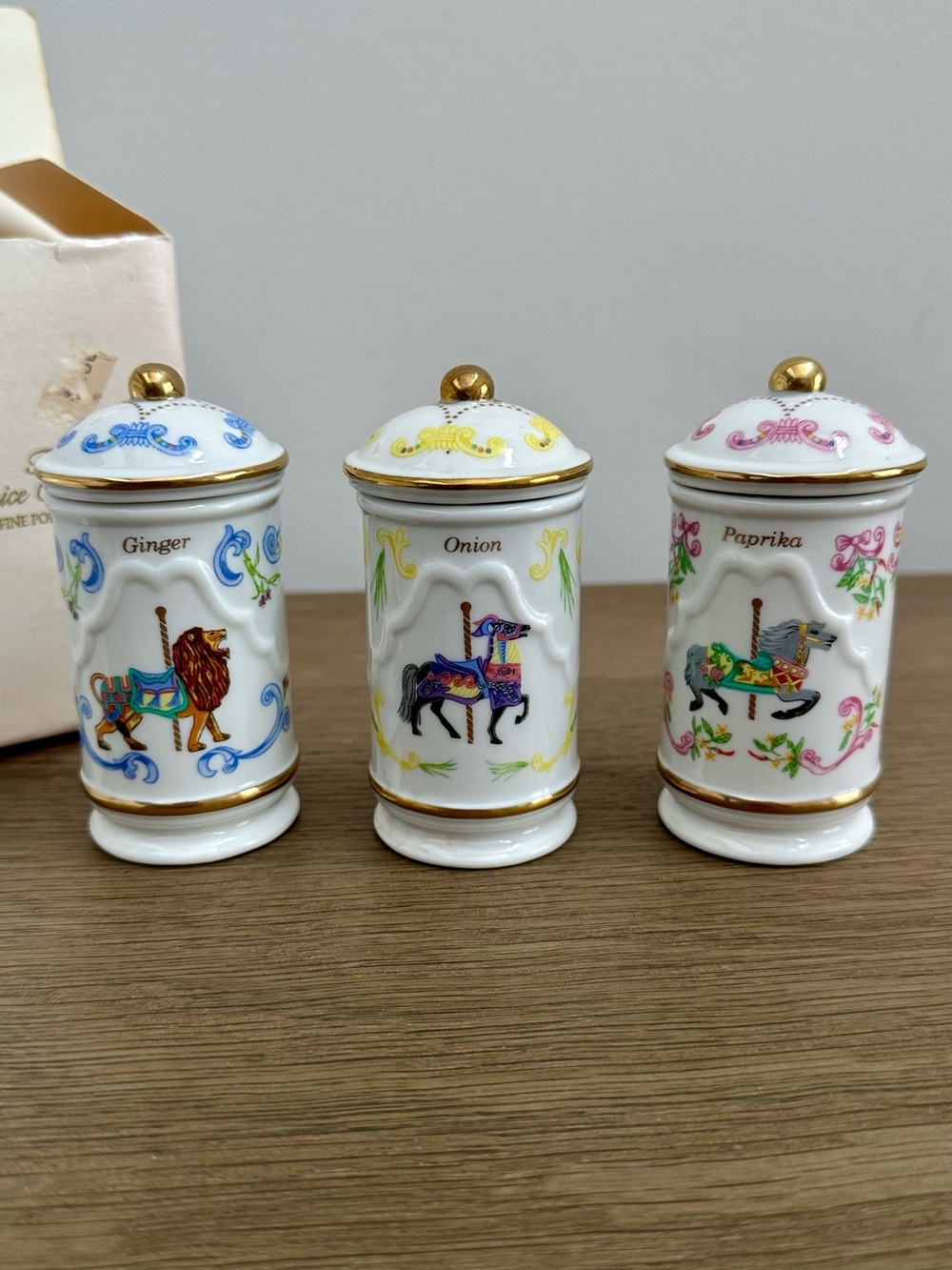 Lenox Porcelain Carousel Spice Jars with Gold Trim (3 Jars)